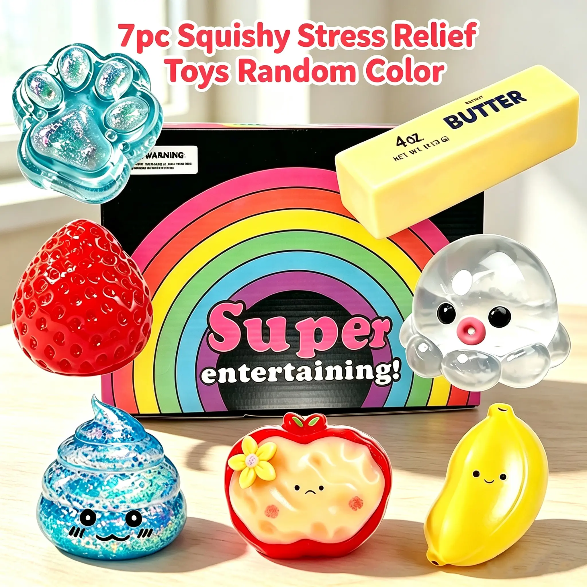 7 Pack Cute Glitter Squishy Fidget Toy Set, Sensory Stress‑Relief Squeeze Toys, Multi‑Purpose Novelty Supplies for Kids & Adults, Classroom, Party Favors, Easter Basket Fillers, Random Colors