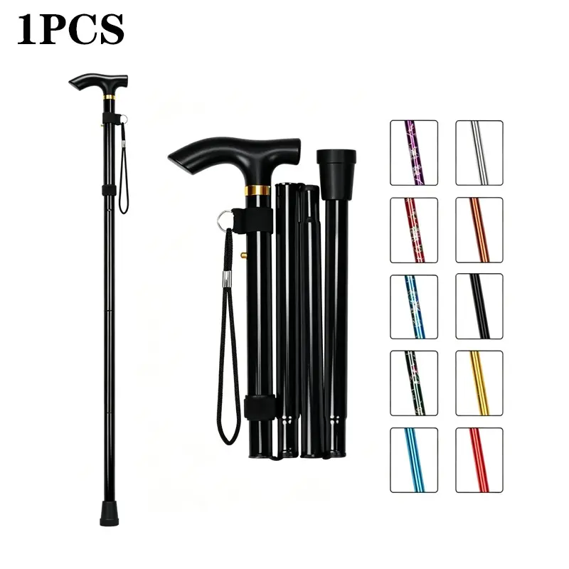 Multifunctional Walking Stick Trekking Pole Adjustable Folding Cane Hiking Poles Elderly Metal Walking Stick Outdoor Hand Cane Hiking Essentials Collapsible Alloy Stick Hiking Gear