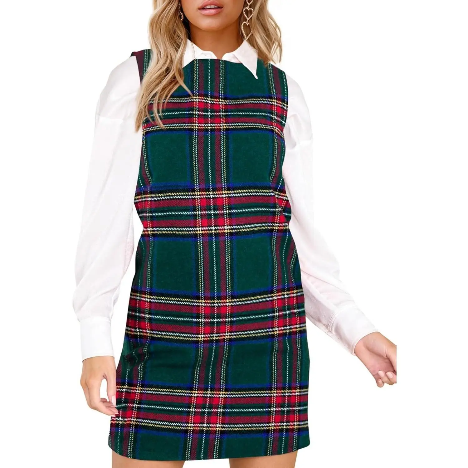 Imily Bela Women's Plaid Christmas Dress Mini Sleeveless Round Neck A Line Short Xmas Party Dresses