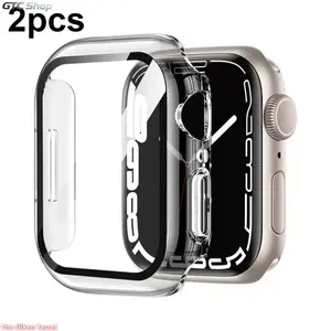 2PCS New Pc Spray Paint Integrated Case With Tempered Glass Film Shockproof Full Coverage Protective Shell For Apple Watch Daily Use Anti Collision Watch Accessory (No watch) Transparent