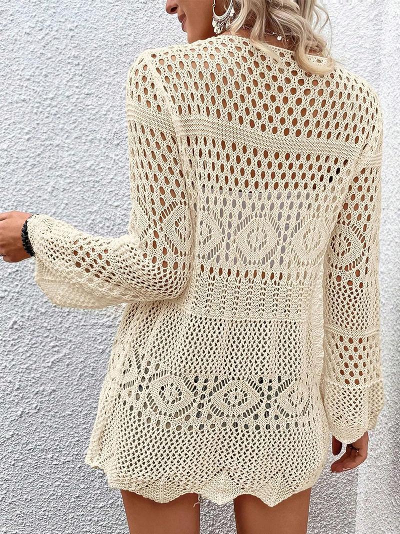 Women's Solid Color Hollow Out Crochet Cardigan, Lady Casual Long Sleeve Tie Front Knitwear for Summer, Fashion Women's Knit Clothing for Beach Vacation, Womenswear, Cardigan Sweater, Longsleeves Clothes for Women, Relaxed Fit Cardigan