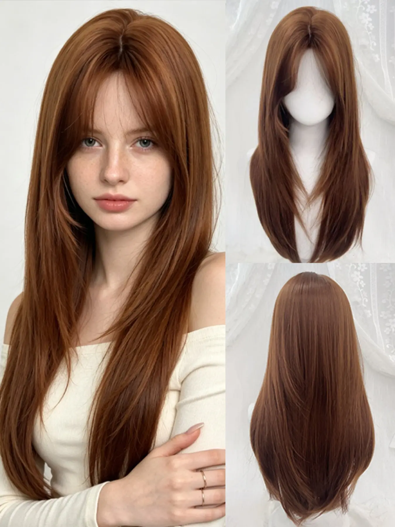 Caramel Brown Long Straight Wig with Bangs – Heat Resistant Synthetic Hair, Natural Hairline, Soft Silky Texture, Lightweight Volume, Perfect for Daily Wear, Office, Party, Cosplay, Casual Chic, Wig for Women, Photo Shoot, Synthetic Soft Wigs