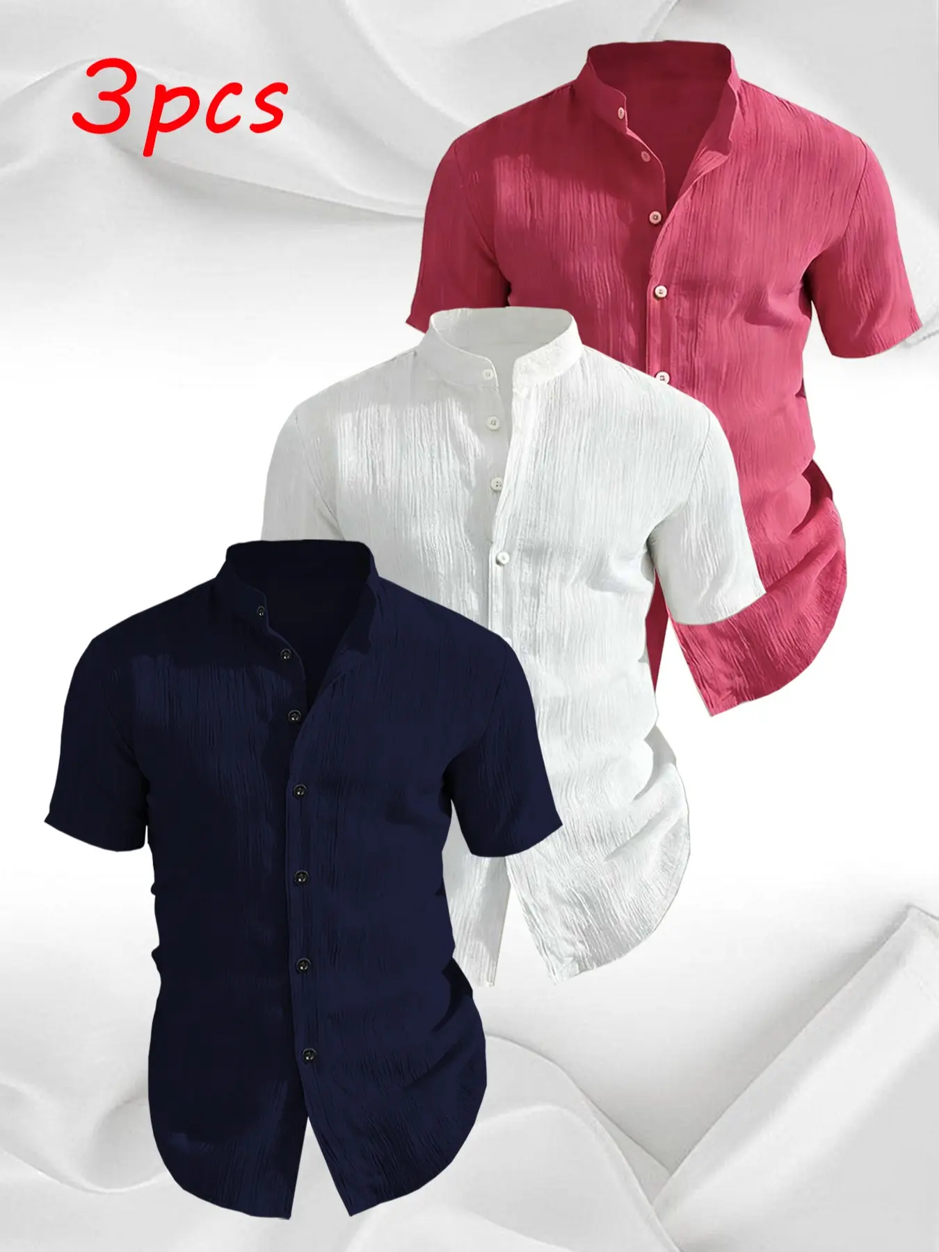 3-Pack Men's Summer Casual Short Sleeve Shirts, Plain No Print Design, Lightweight Breathable Stand Collar Button Shirt, Ideal for Beach Pool
