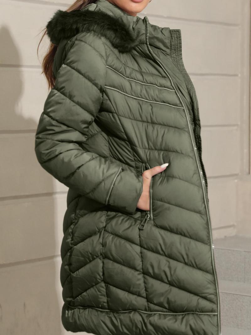 Women's Contrast Faux Fur Hooded Longline Winter Coat, Casual Long Sleeve Pocket Zip Up Outerwear for Fall & Winter, Ladies Clothes for Daily Wear