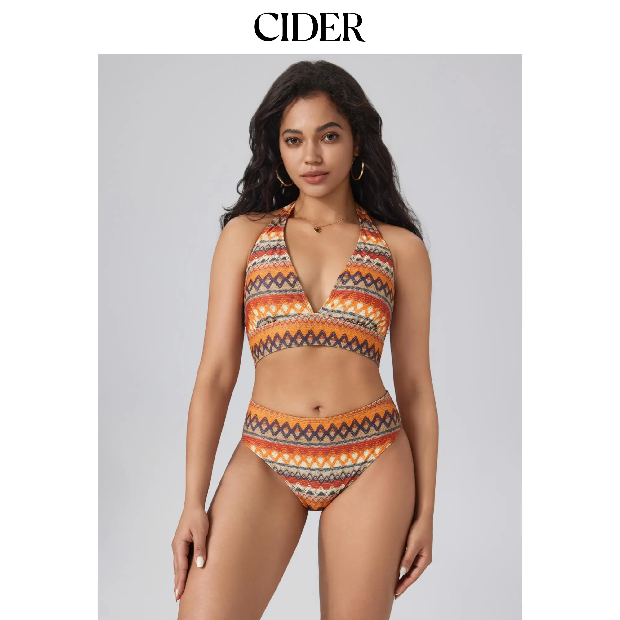 Bikini Swimsuits for Women, Miami Sunset Striped Print Halter Triangle Top - 2-Piece Beach Vacation Set, Beach Bikinis, Striped Print Bikini