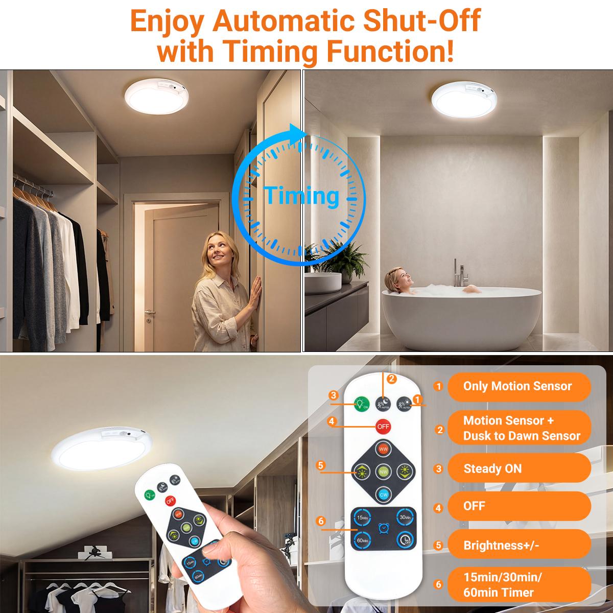 Rechargeable Motion Sensor Ceiling Light with Remote - Magnetic Battery Powered, 3 Color Dimmable | Wireless for Shower, Closet, Stairs, Hallway, Shed, Garage Stairs
