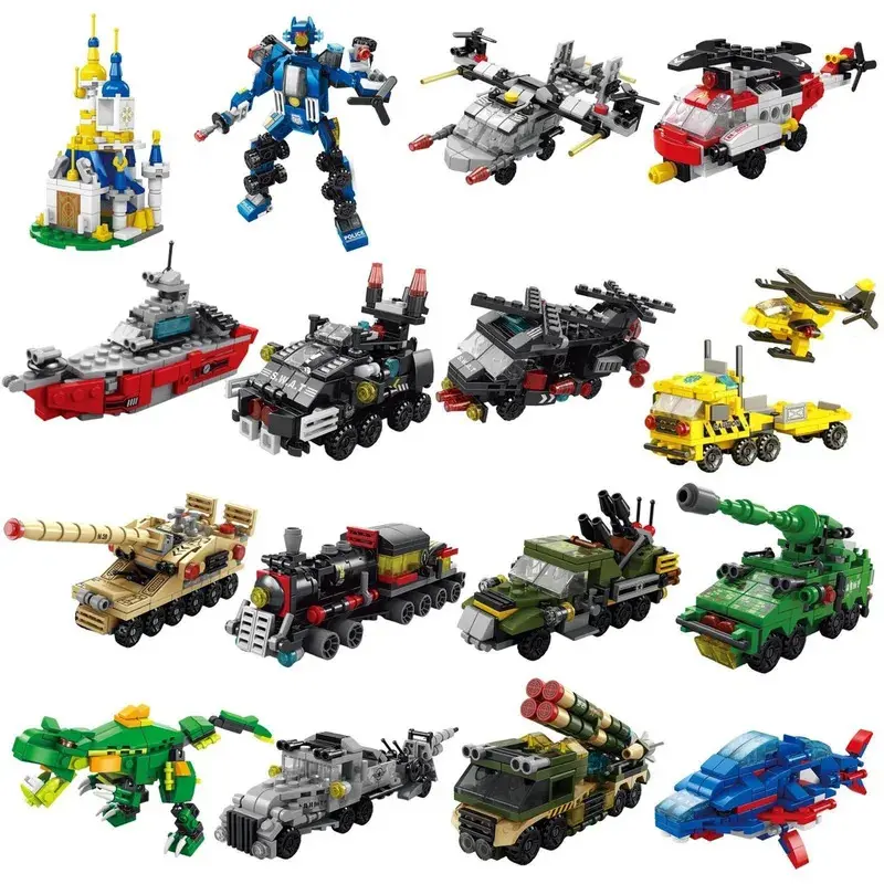 6-in-1 Building Blocks Cars DIY Buildable Model Kit for 6-12y Kids - Transportation, City Simulation, Miniature Brick Building Kit Cars with City Engineering, Police Truck, Mech Dinosaur, Tank, Helicopter, Fire Fighting Toys