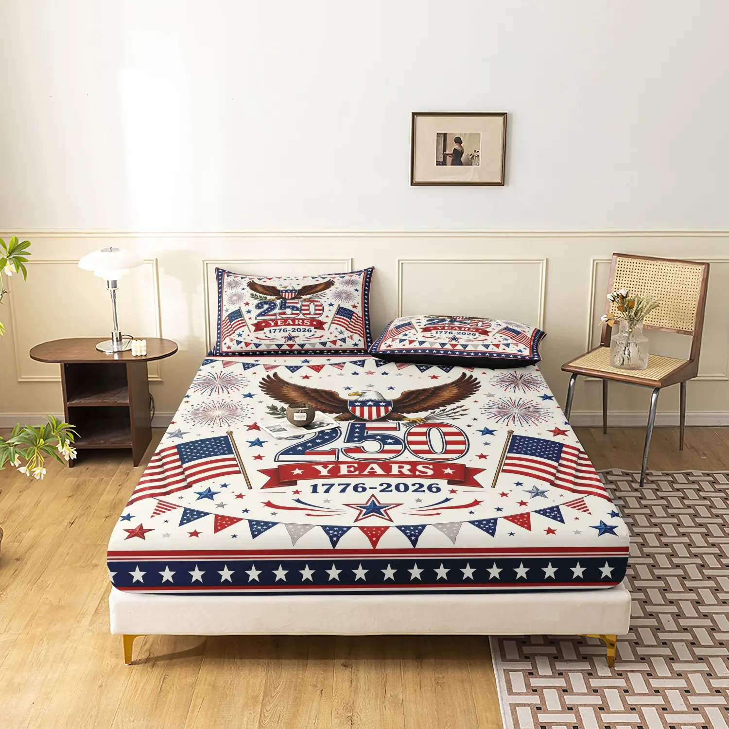 3 Pieces 250 Years 1776-2026 Bald Eagle Fitted Sheet Set, Patriotic American Flag Star Pennant Firework Ribbon Print Bedding, Soft Microfiber 4th of July Farmhouse Bedroom Decor (1 Fitted Sheet + 2 Pillowcases, No Pillow