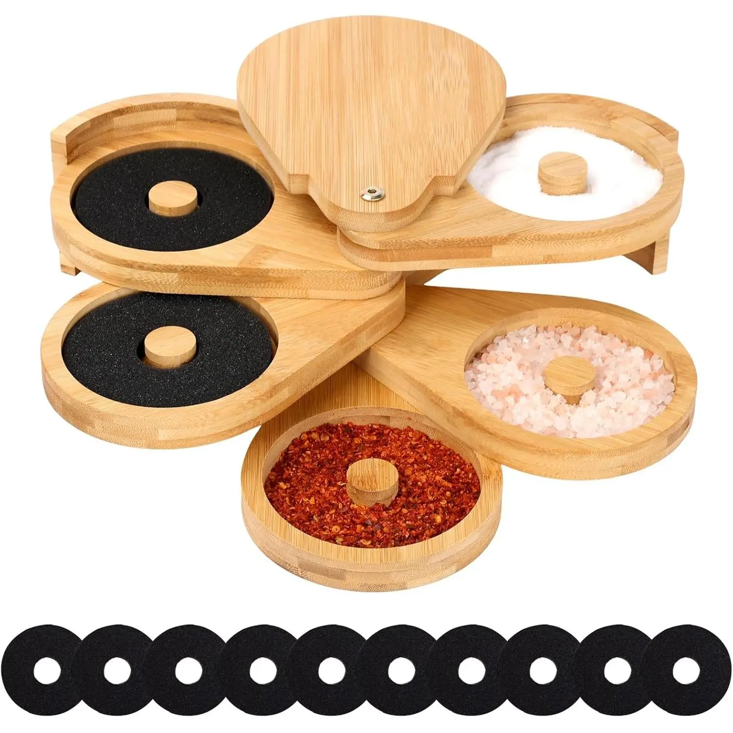 Bamboo Margarita Salt Rimmer Set, 5-Tier Rotating Glass Rimmer with 10 Sponges, Cocktail Rimmer for Salt, Sugar & Tajín, for Home Bars, Parties & Bartenders