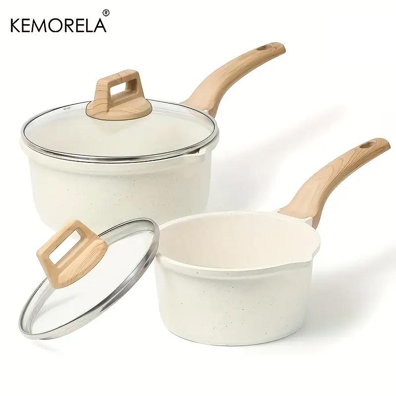 1Count Non-Stick Saucepan Set with Lid - Induction Compatible, PFOA-Free, Easy to Clean, Pour Spout, Light Beige with Wooden Handles, Ideal for Small Kitchen Cooking, Kitchen Essentials|Minimalist Kitchenware|Durable Cookware, Induction Cookware Sets