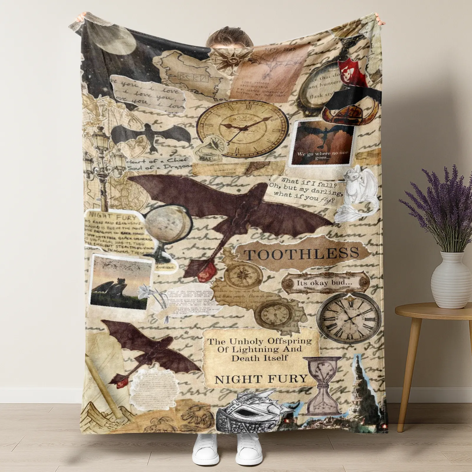 Toothless Dragon Scrapbook Throw Blanket, Night Fury Aesthetic Collage Fleece Blanket, Vintage Dragon Art Blanket with Quotes, "The Unholy Offspring of Lightning and Death Itself" Throw, Gift for Dragon Fans