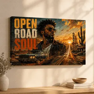 Open Road Soul" Retro Desert Canvas Wall Art, Sunset Highway & Muscle Car Print, Modern Aesthetic Living Room Bedroom Office Decor, Statement Poster Gift,wall decor,poster.