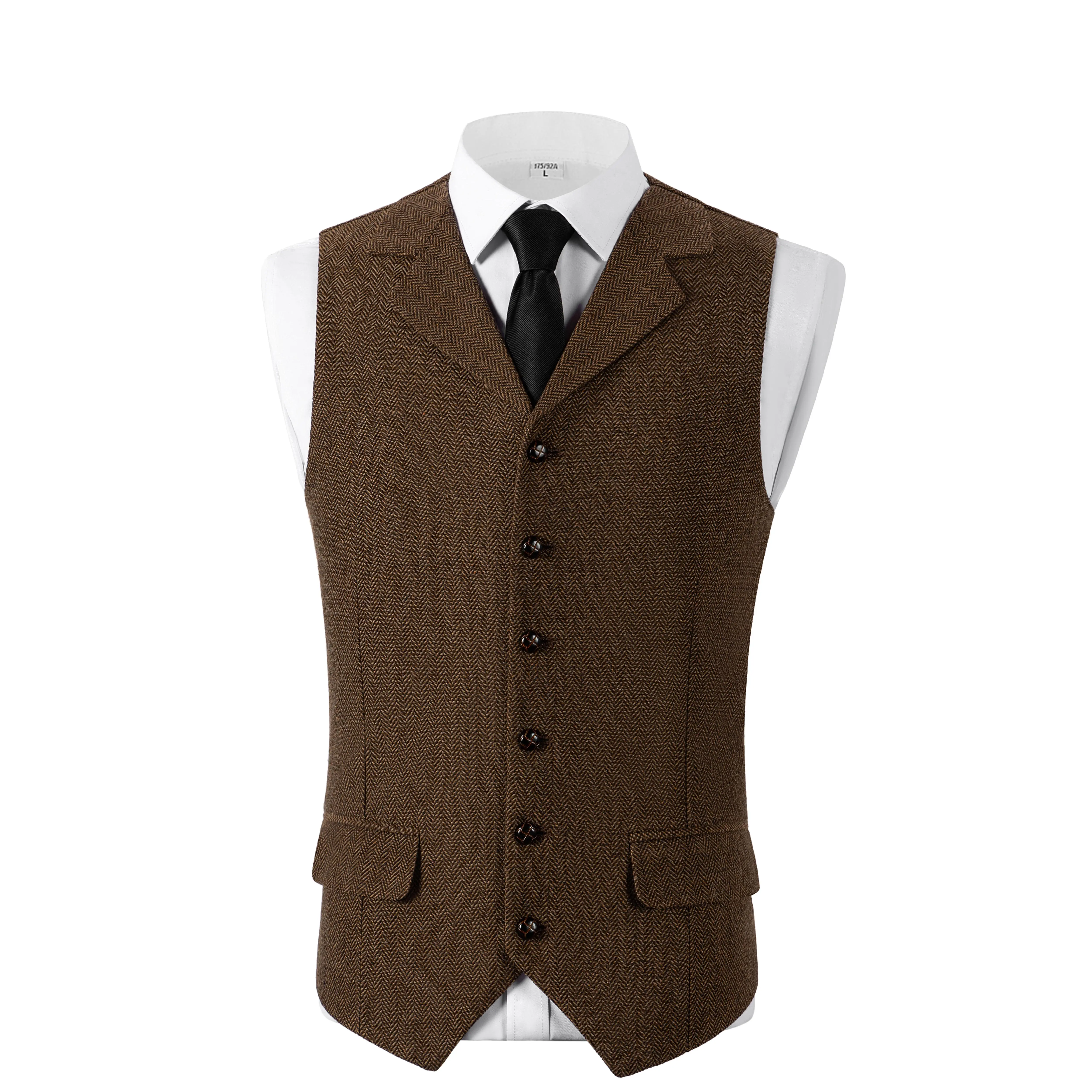 Men's Herringbone Tweed Lapel Waistcoat Classic Retro Style Layering Vest For Business & Party