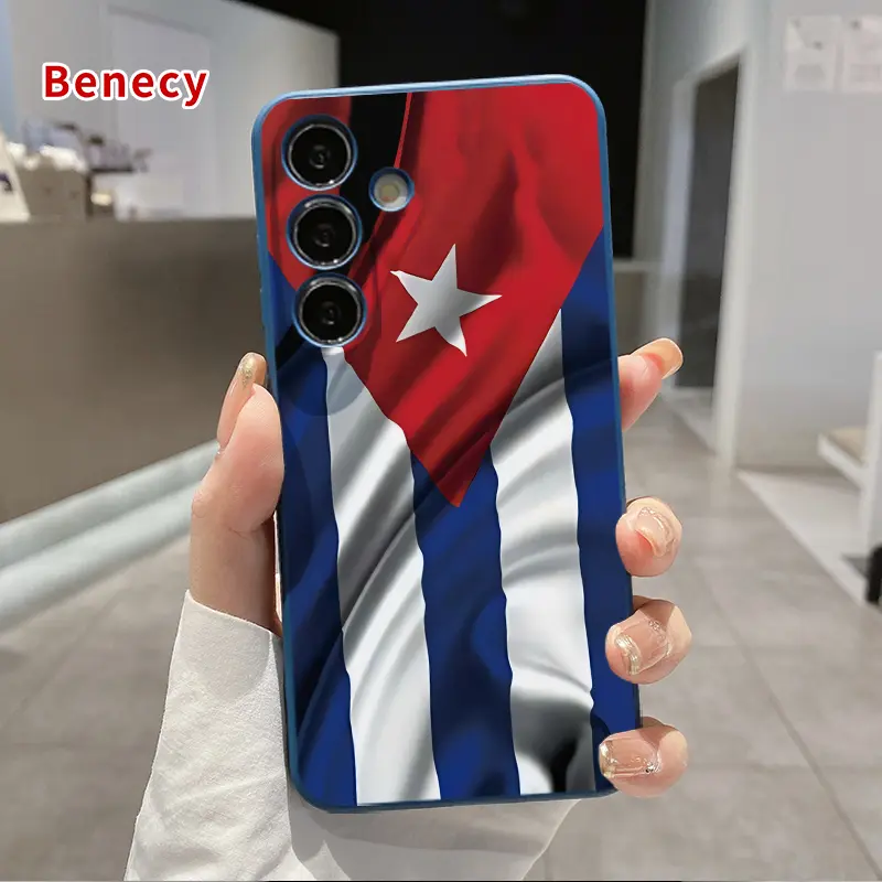 Straight Edge TPU Phone Case Compatible with Samsung Galaxy S26 Ultra S24 S23 Plus S25 S22+ Cuba's Fluttering Flag Pattern Drop Protection Shockproof Soft Liquid Silicone Smartphone Cover