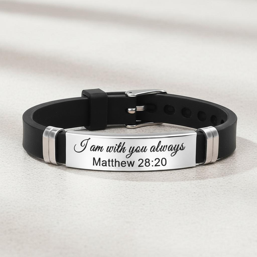 "I Am With You Always Matthew 28:20 Engraved Silicone Bracelet, Christian Bible Verse Adjustable Wristband, Religious Faith Gift for Men Women, Baptism Confirmation Gift