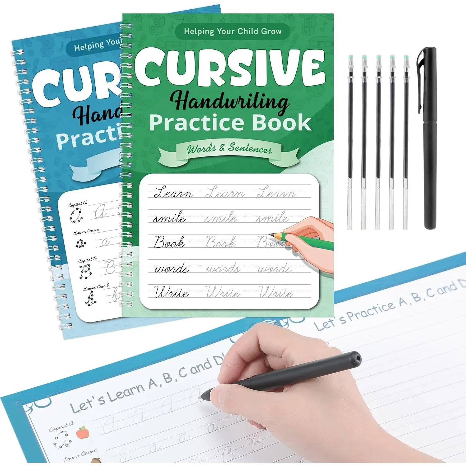 2 Pack Grooved Cursive Handwriting Kit  Copybook for  Large Grooved Handwriting Practice Book with Special Ink Pens for  Learning Activities Supplies(Green,Classic)
