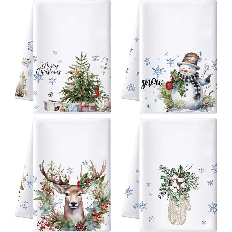 4-Piece Christmas Kitchen Towel Set, 16*24 inch Christmas Dish Towels, Winter Hand Towels, Christmas Decorated Snowman Bath Towels, Joyful and Bright Hand Towels, Suitable for Cooking and Bathroom
