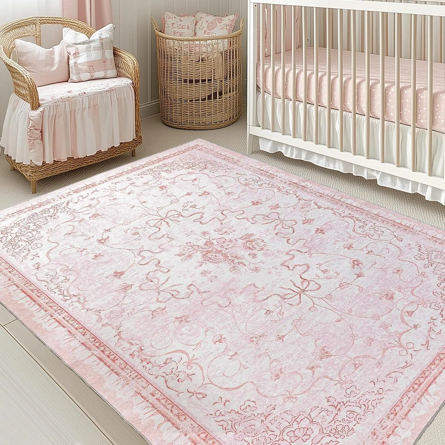 Pink Bow Nursery Rug, Cute Dorm Rug 5x7, Coquette Room Decor for Teen Girl, Cutecore Cottage Core Vintage Pastel Area Rug for Bedroom Girls Room Toddler Baby Room Classroom
