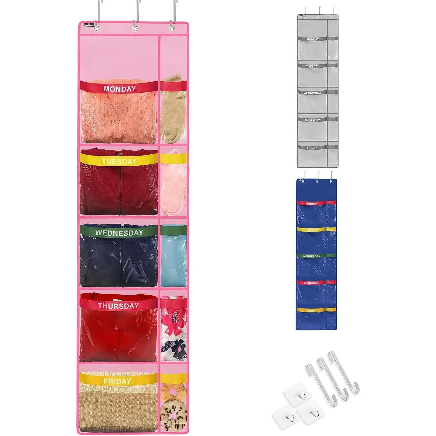 Weekly Clothes Organizer for Kids – 5-Shelf Hanging Closet Organizer with Day of the Week Labels, Over the Door or Wall Mount, Large Capacity, Durable Fabric, Pink