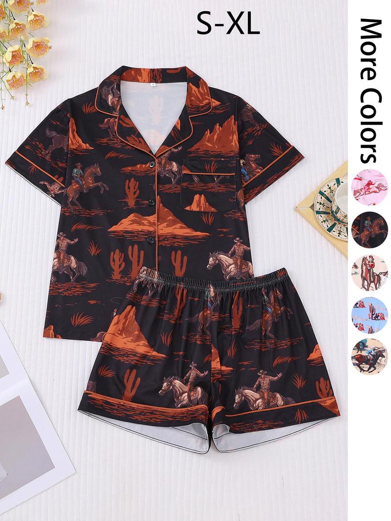 Women's All Over Cowboy Print Lapel Shirt & Shorts Pajama Two-piece Set, Casual Comfy Short Sleeve Top & Shorts PJ Set, Ladies Summer Sleepwear