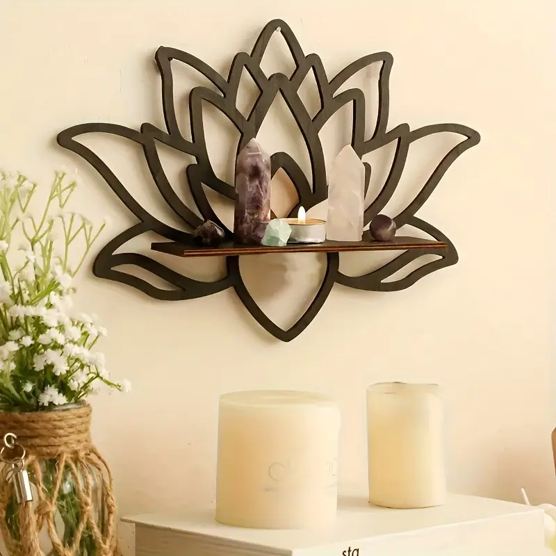 Hollow Out Lotus Wooden Wall-Mounted Shelf, Bohemian Style Decorative Display Rack, Ideal for Yoga Room, Meditation Space, Bedroom