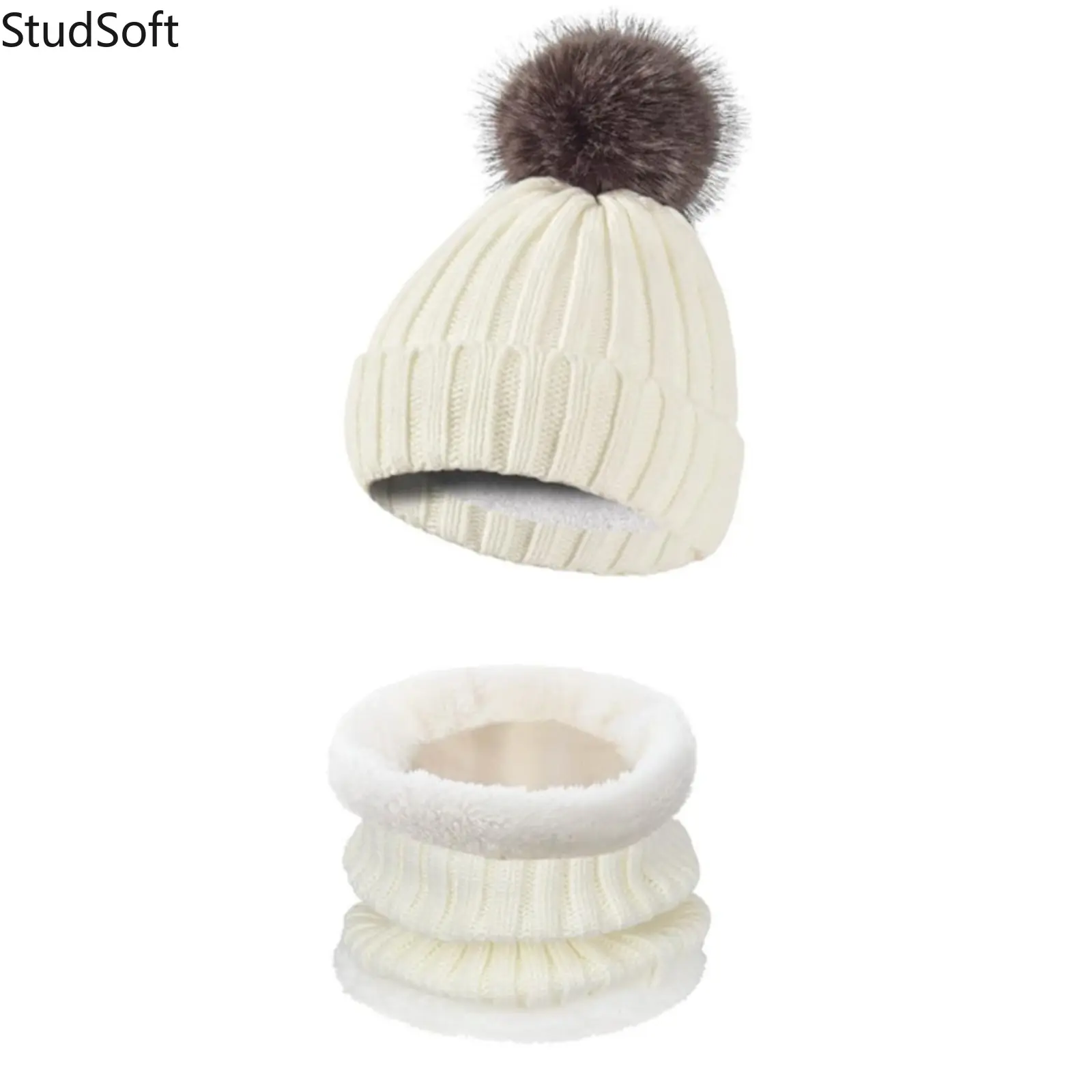 Unisex Wear 2Pcs Beige Ribbed Knit Pom Pom Beanie & Fleece-Lined Thick Neck Warmer Set Pack, Casual Cold Weather Clothes Outfits for Outdoor Sports & Outdoor Headwear