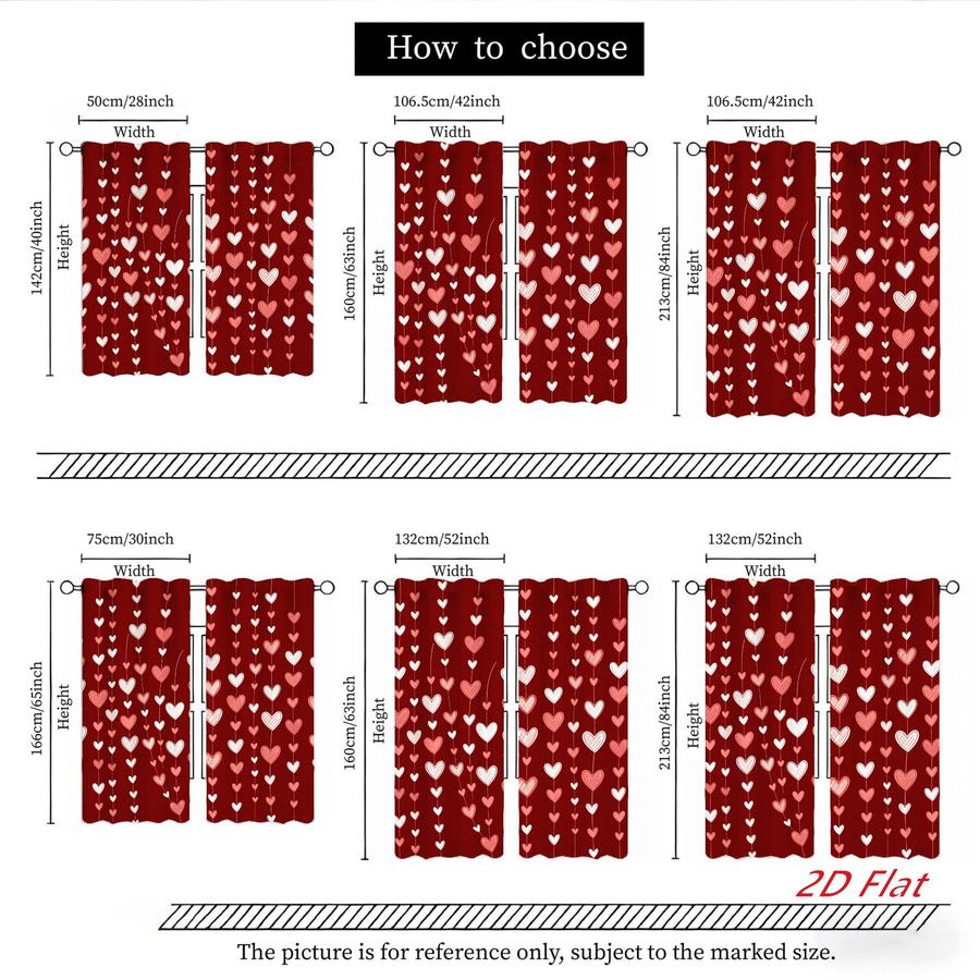 2Pcs Romantic Red Heart Pattern Sun Blocking Curtains Digital Printed Rod Pocket for Bedroom Office Kitchen Living Room Study Home Decor Soft Light Filter Easy Installation