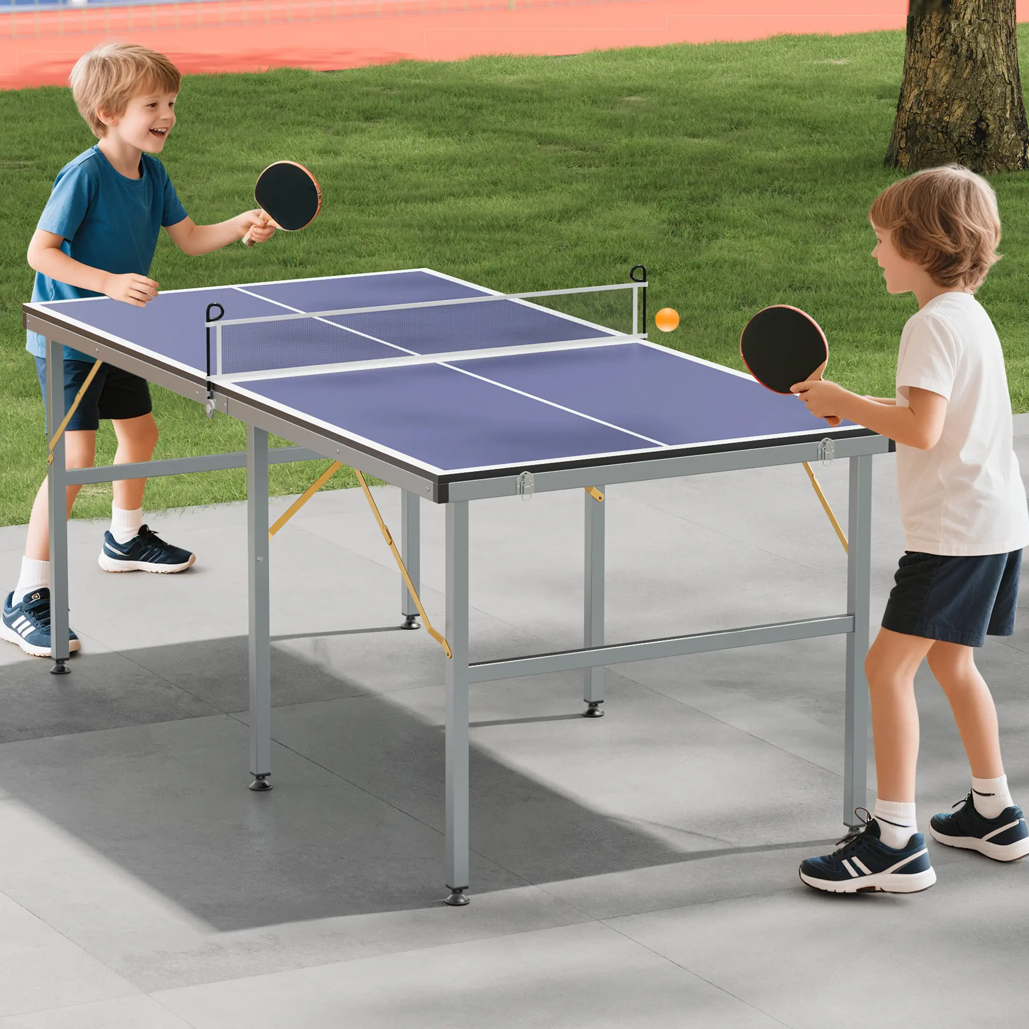 Portable Foldable Ping Pong Table, 6' x 3' Portable Table Tennis Table with Net, 2 Paddles, 3 Balls, Height Adjustable Legs & Triangle Structure for Indoor/Outdoor Game