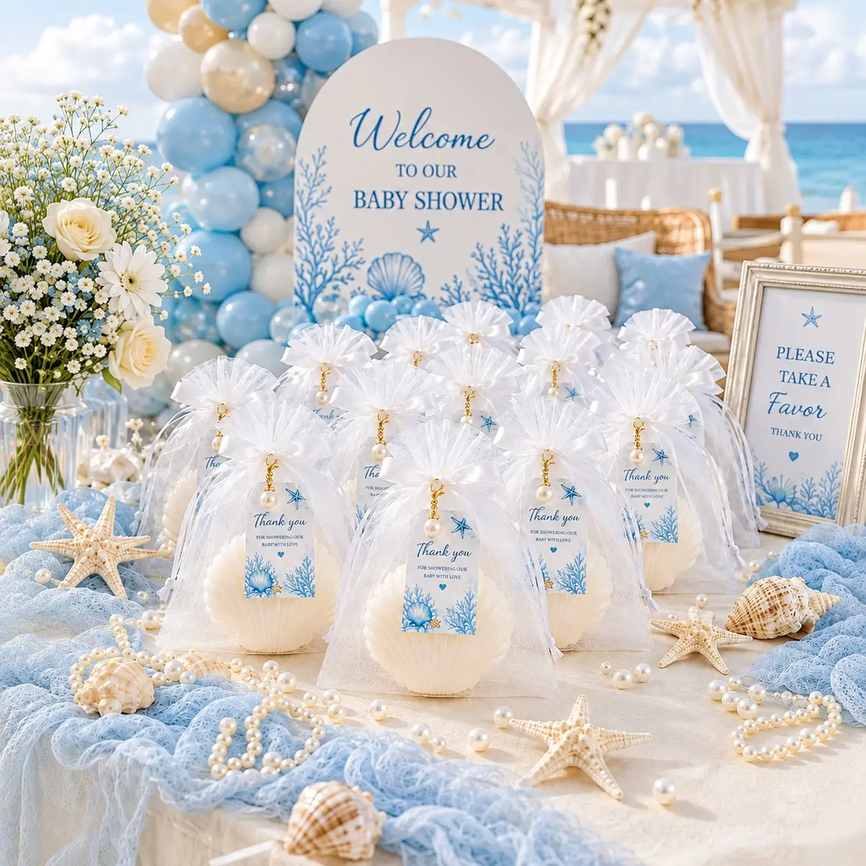 5/10 Sets Shell Scented Candle Favor Set, Ocean Theme Baby Shower Favors with White Organza Bags, Thank You Cards and Pearl Charms, Baptism and Christening Favors, Guest Gifts, Beach Party Keepsakes