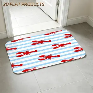 Playful Nautical Red Lobster Print Entry Doormat, Stylized Cartoon Lobsters on Light Blue & White Horizontal Stripes, Multiple Specifications Available, Cheerful Entrance Accessory for Home Entryways & Porch Decor
