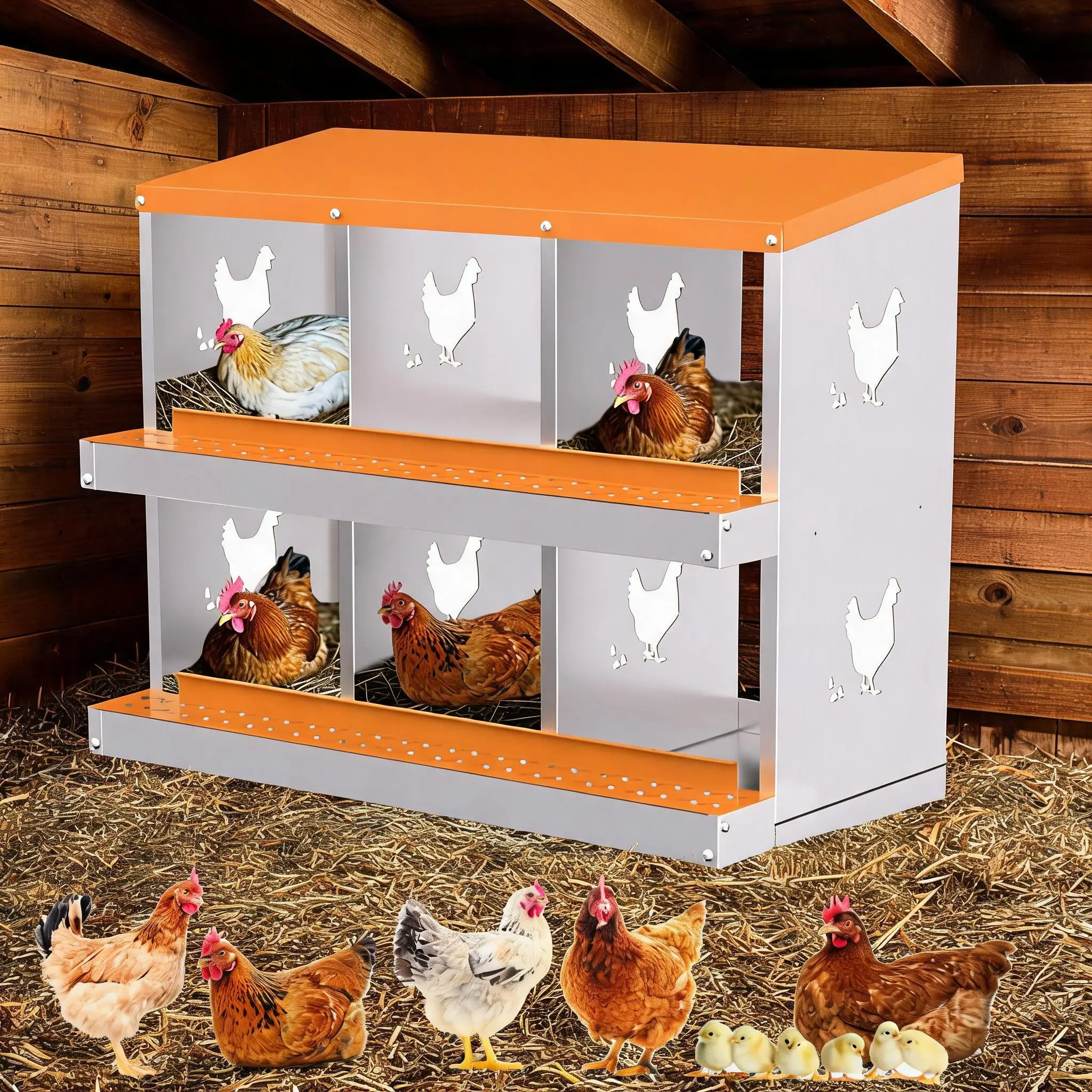 6/8-Compartment Roll-Out Chicken Nesting Boxes, Galvanized Metal Laying Box with Egg Tray, Wall/Floor Use