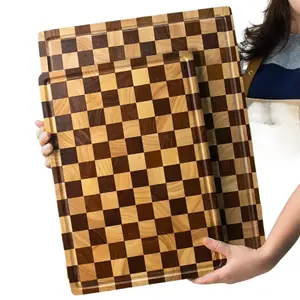 Solid Wood Checkerboard Cutting Board, Thick Rubberwood Bread Board, Kitchen Utensil for Meat, Cheese, Vegetables, Fruits, Mother's Day Gift
