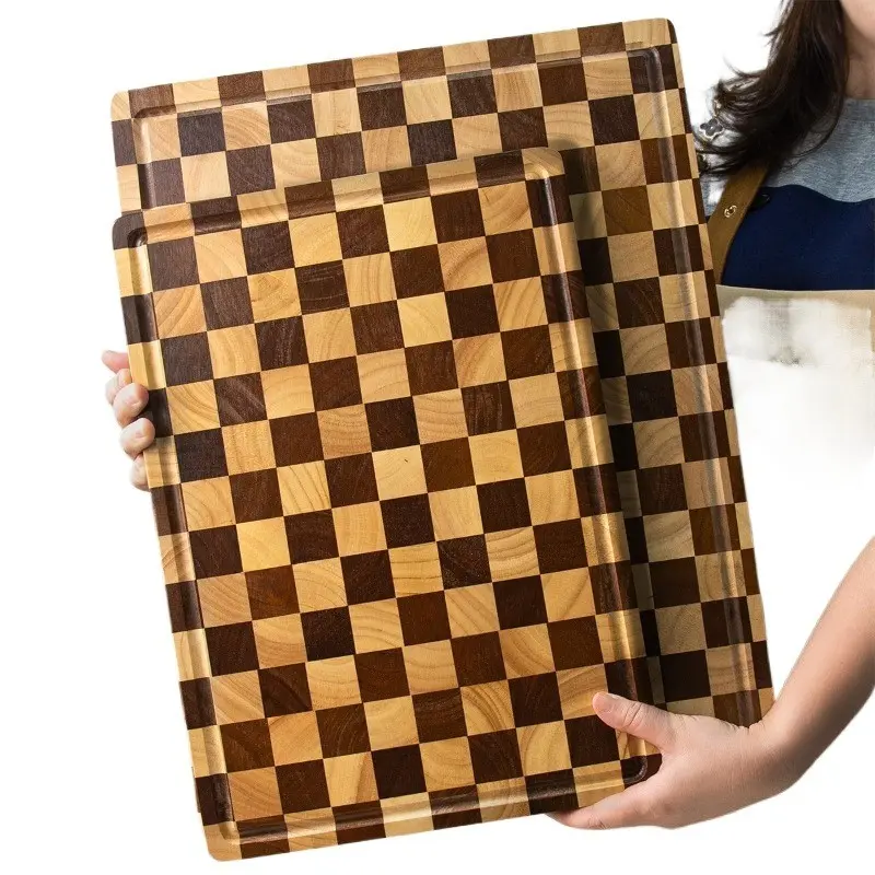 Solid Wood Checkerboard Cutting Board, Thick Rubberwood Bread Board, Durable Cutting Board, Kitchen Utensil for Meat, Cheese, Vegetables, Fruits, Mother's Day Gift