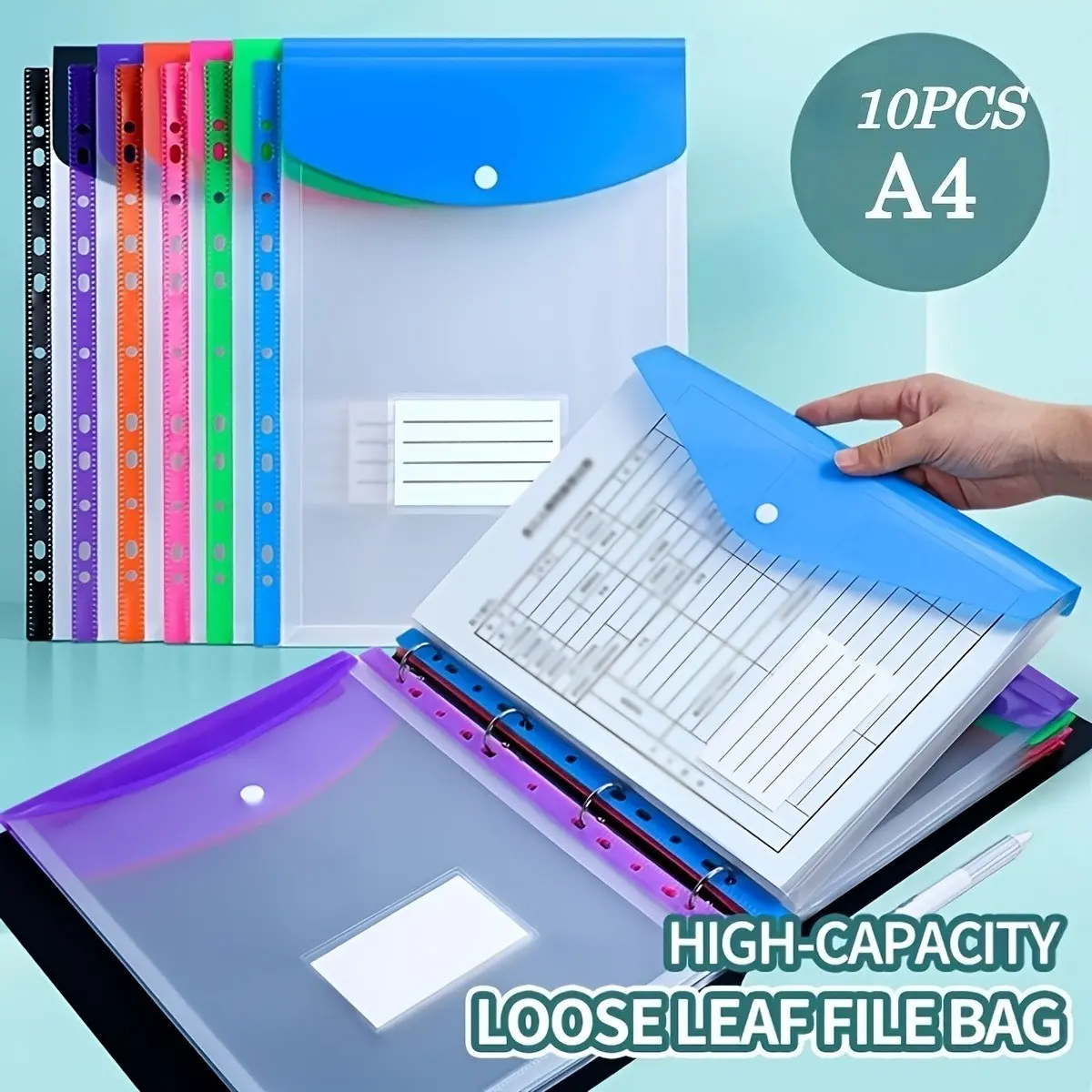 10-Pack A4 Large Capacity Binder Bags, 11-Hole Compatible, Durable PP Plastic, Expandable Snap Closure, Label Pocket, Ideal for School, Home, Office, Travel