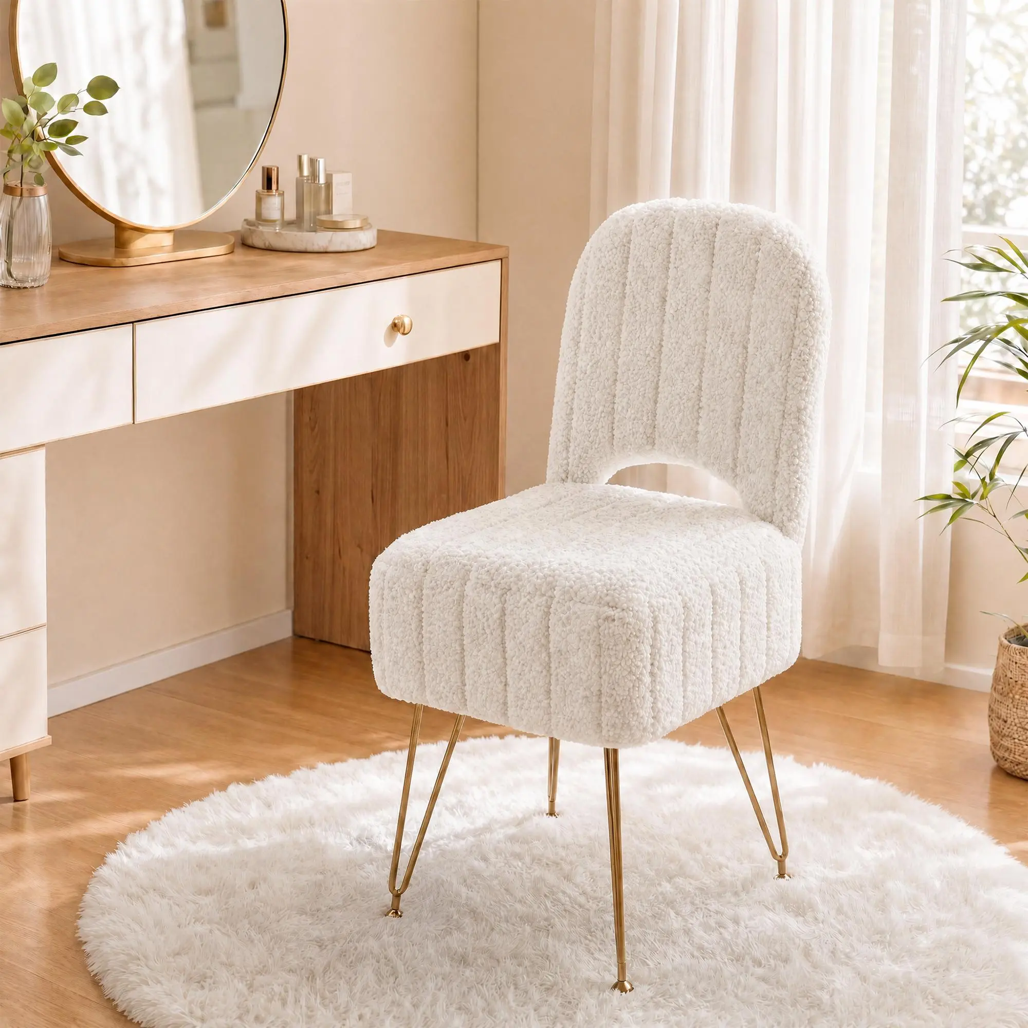 GAOMON Faux Fur Vanity Stool with Storage, Adjustable Backrest Makeup Chair, Gold Metal Legs, Hidden Compartment for Cosmetics, Soft Memory Foam Seat, Bedroom Living Room Accent Furniture, Easy Assembly