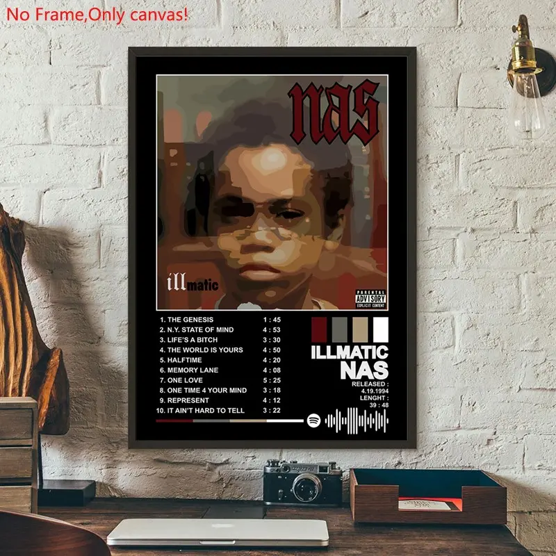 1 piece/set frameless canvas painting print poster, Classic Character Album art，Nas Illmatic Album Cover Art ，a perfect gift for Music loves, ideal gift for bedroom, living room, dorm hallway, kitchen, mural, wall decoration, room decor
