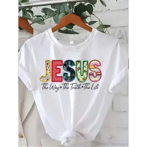 Christian T-Shirt-Jesus Is The Way Truth Life Bible Texts Printed Shirt-Floral Pattern White Religious Dress-Casual Church Dress-Machine Washable Everyday Devotion Wear Bright Letter Design Comfo