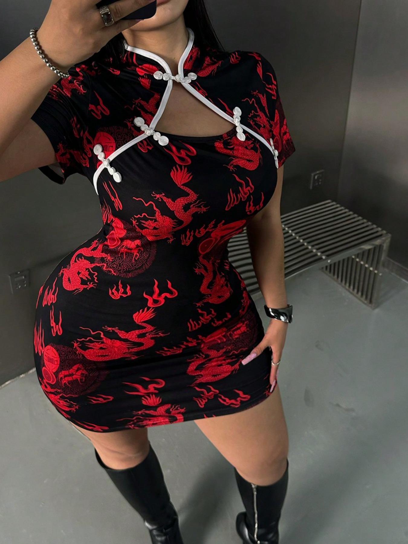 【plus Size】 Ethnic Pattern Mandarin Collar Bodycon Dress, Elegant Short Sleeve Short Dress for Party Holiday Wedding Guest, Women's Clothes for All Seasons, Formal Dress Hides Tummy, Shortsleeve Womenswear