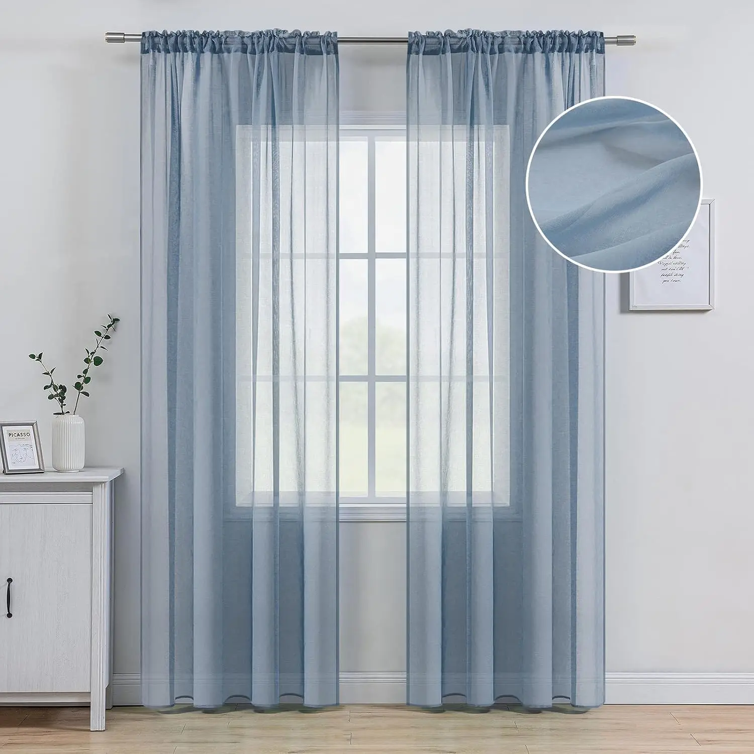 Dusty Blue Polyester Textured Semi-Sheer Curtains, 2 Panels (54x84 in), Modern Farmhouse Window Net Panels with Rod for Bedroom, Living Room