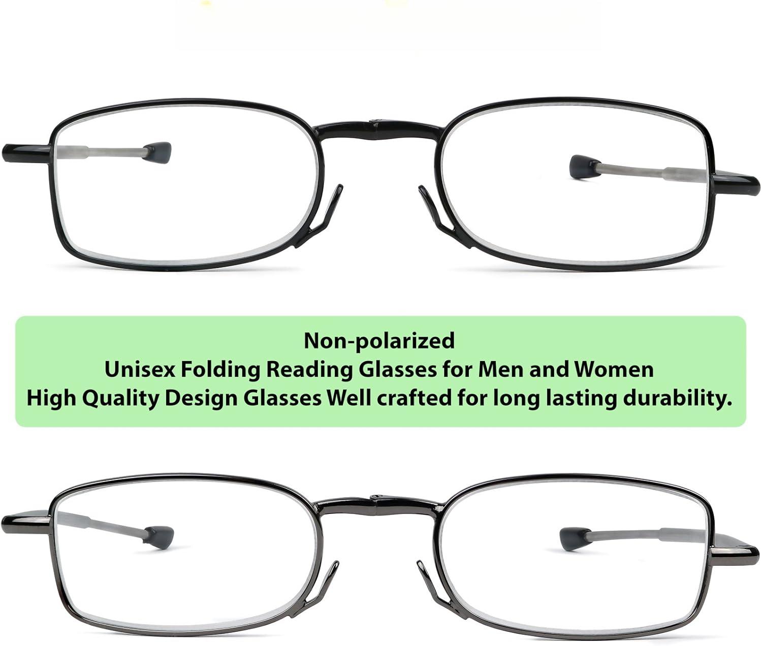Reading Glasses 2 Pair Black and Gunmetal Readers Compact Folding Unisex Glasses for Reading Case Included