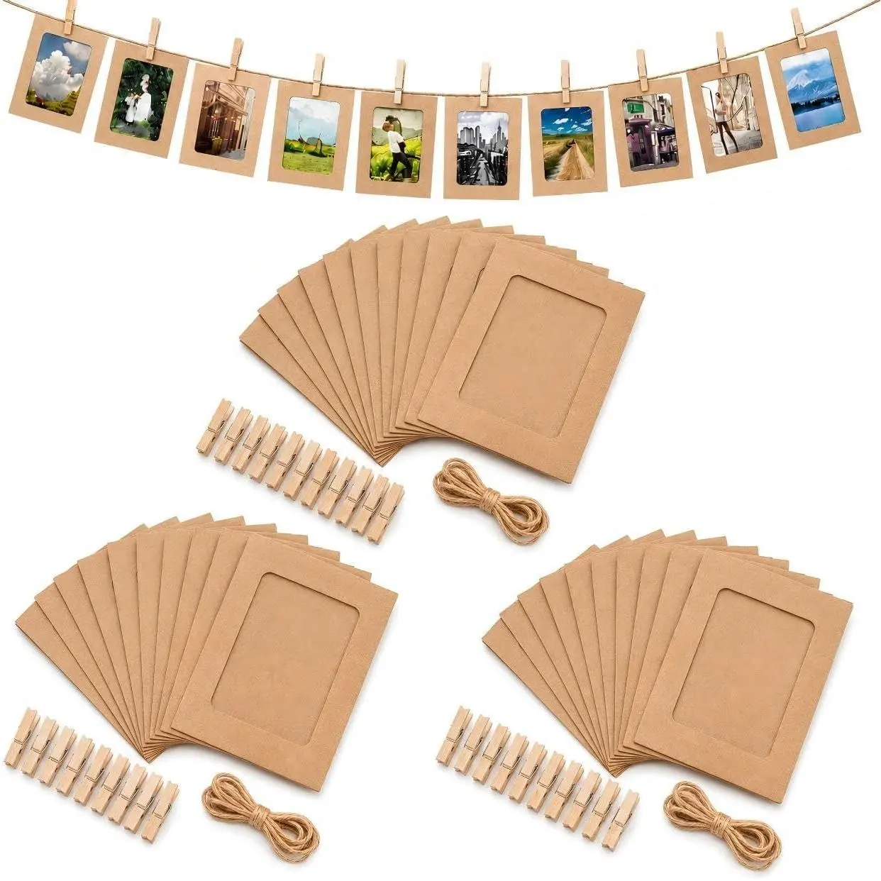 Enenes Bulk Pack 30 Paper Photo Frames (4x6 in) with Wooden Clips, Jute Twine for Wall Display, DIY Crafts, Home Supplies Organizer Accessory