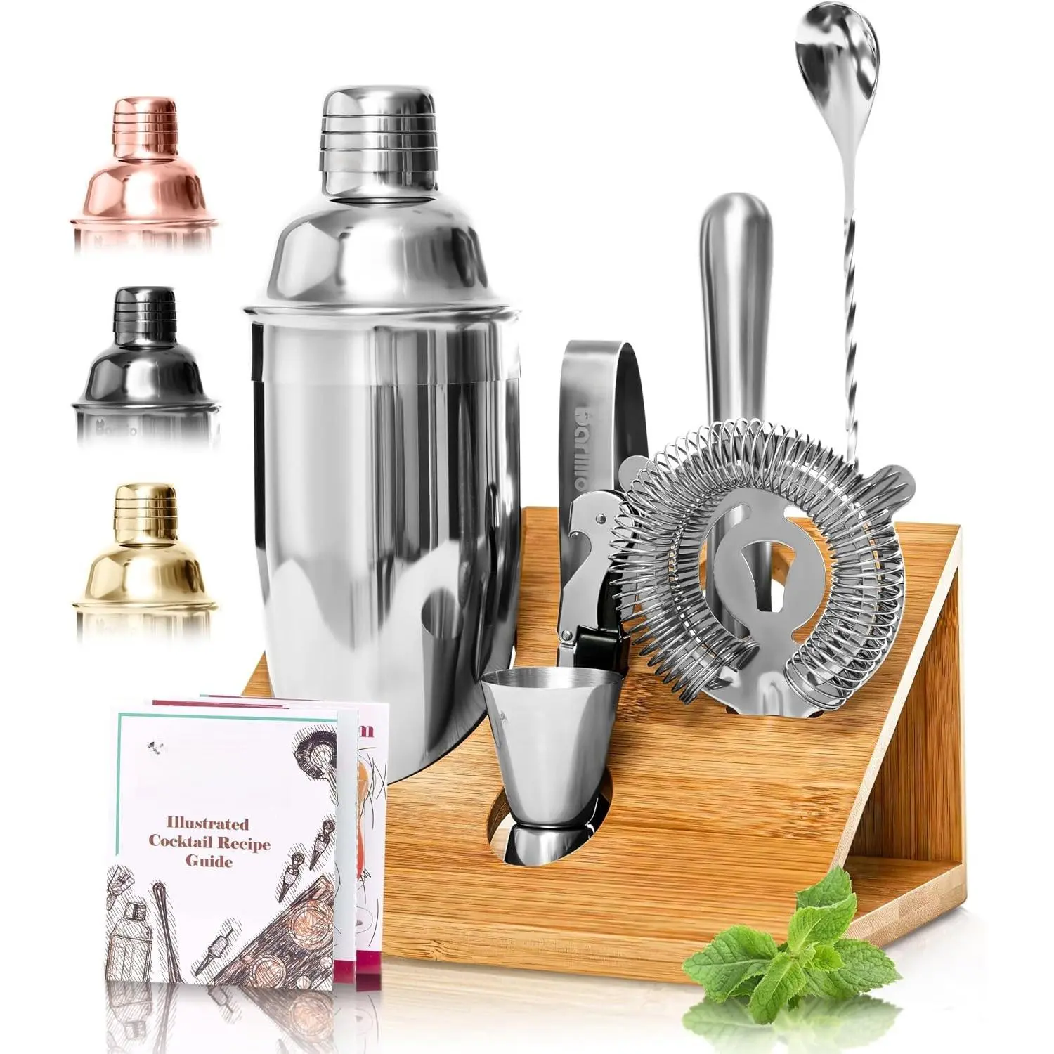 Bartender Kit - Stainless-Steel  Shaker Set with  Stand - Mixology Bar Tools w/Shaker, Drink Mixer Spoon & Muddler for  -  Bar Accessories - 10-Pc Bar Set -
