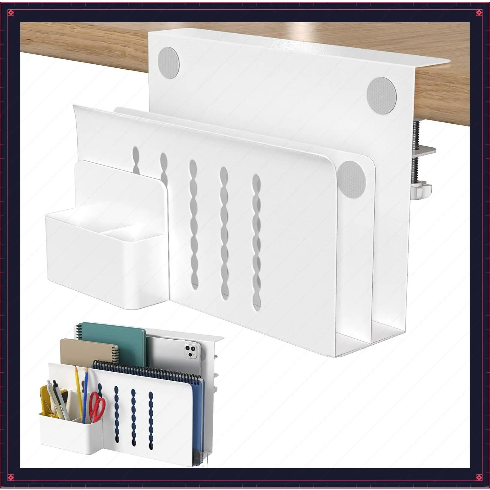 2 Tier Steel Hanging Desk Organizer with Magnetic Pen Holder, No Drilling Under Desk Drawer Cable Management Tray, Laptop Holder for Office, School & Home, WhiteGift
