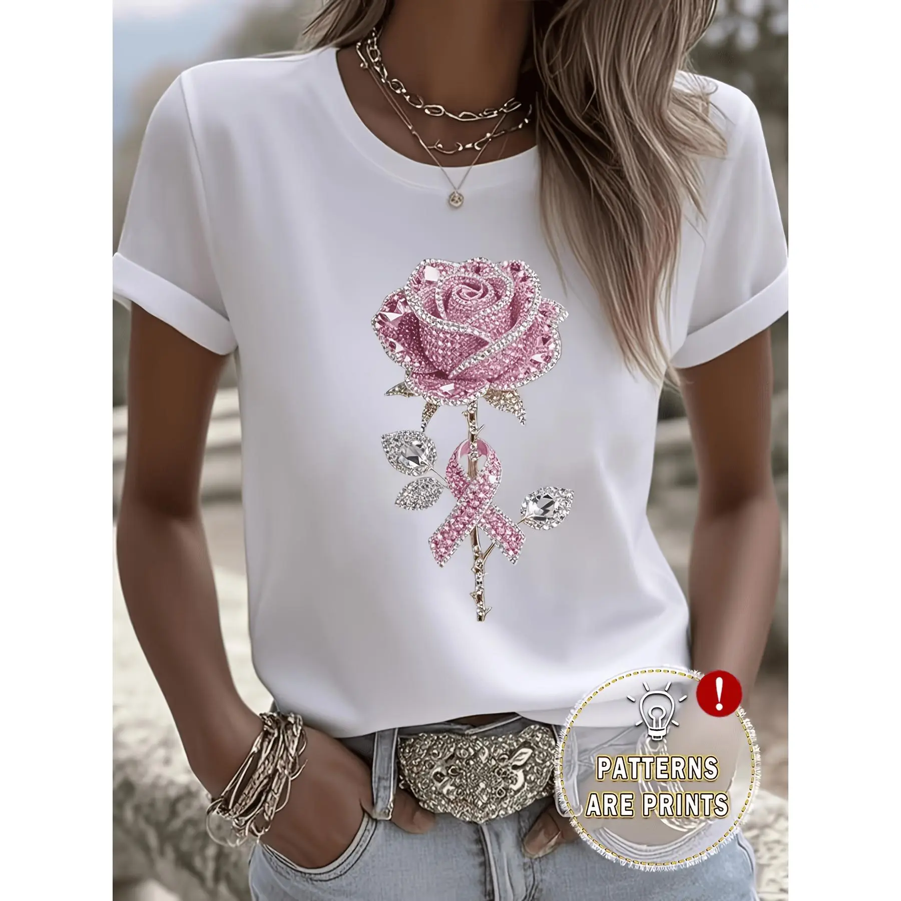 Exquisite Light Luxury Style Crystal Rose Print White T-Shirt for Women, Loose Fit Casual Short Sleeve, Essential for Summer Daily Wear,, Figure-Flattering, Versatile Basic Style--Quan Quan