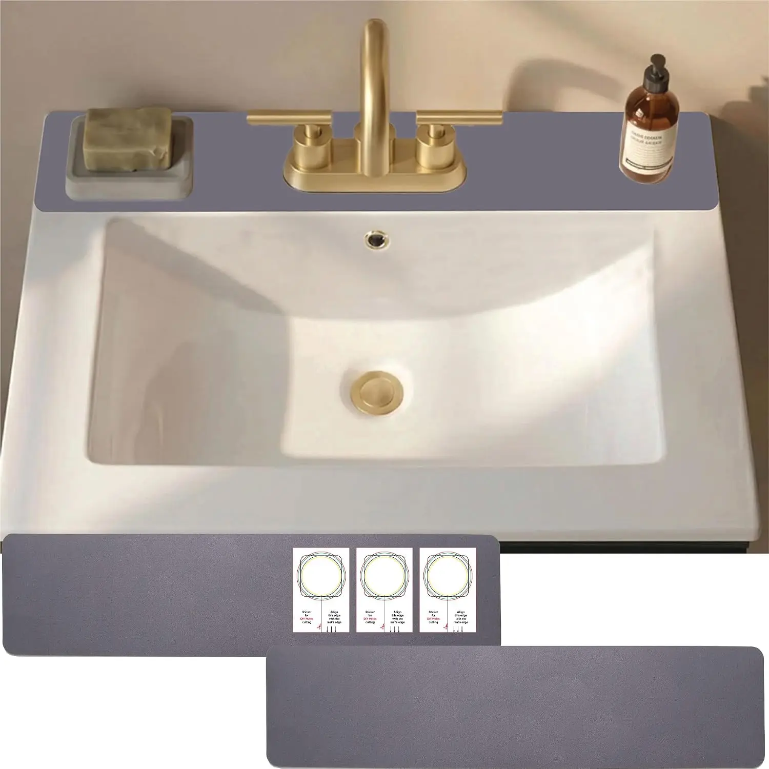 2-Pack Dark Gray 24" Diatomite Rubber Kitchen Sink Splash Guard Mat, Cuttable Customizable Absorbent Cleaning Mat for Home Use