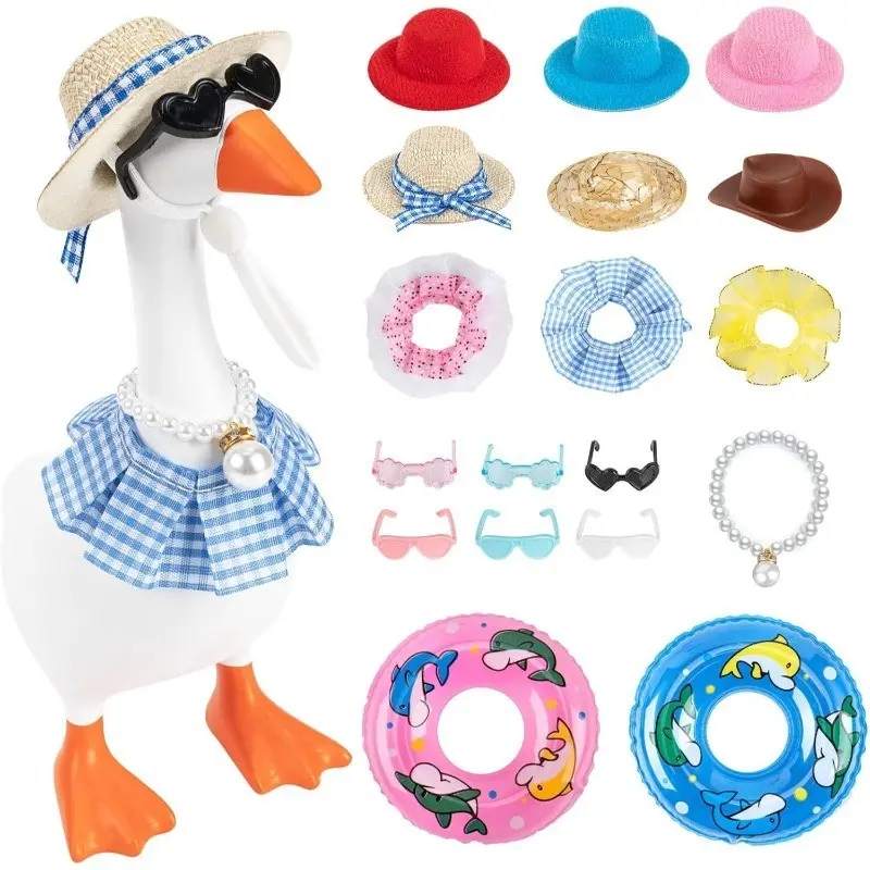 18pcs Desktop Duck Summer Decor, Fun Mini Duck Hat + Sunglasses + Swim Ring Bikini, Beach Bikini Style Ultra-Short Mesh Skirt, Summer Beach, Party Favor, Party Gifts