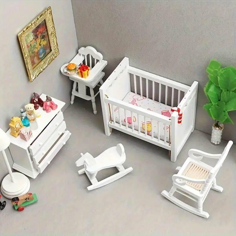 1:12 Mini White Wooden Bed Rocking Horse Chair Cabinet Dollhouse Miniature Furniture Set Perfect Gift for Home Decor Christmas Easter New Year