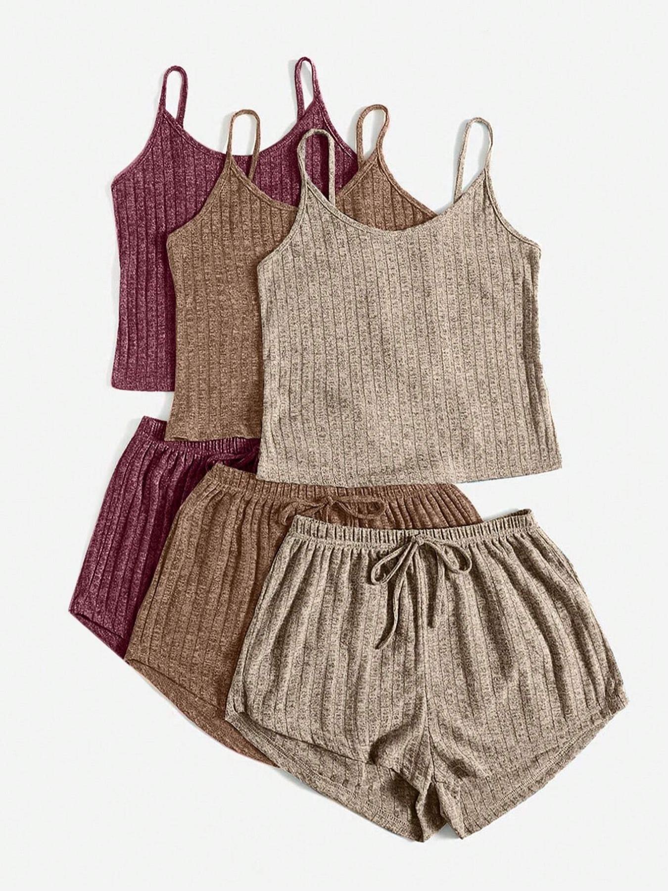 Women's Plain Knitted Stretchy Crop Cami Top & Tie Front Shorts Set, Summer Clothes, Casual Camisole & Shorts Set for Summer, Women's Clothes