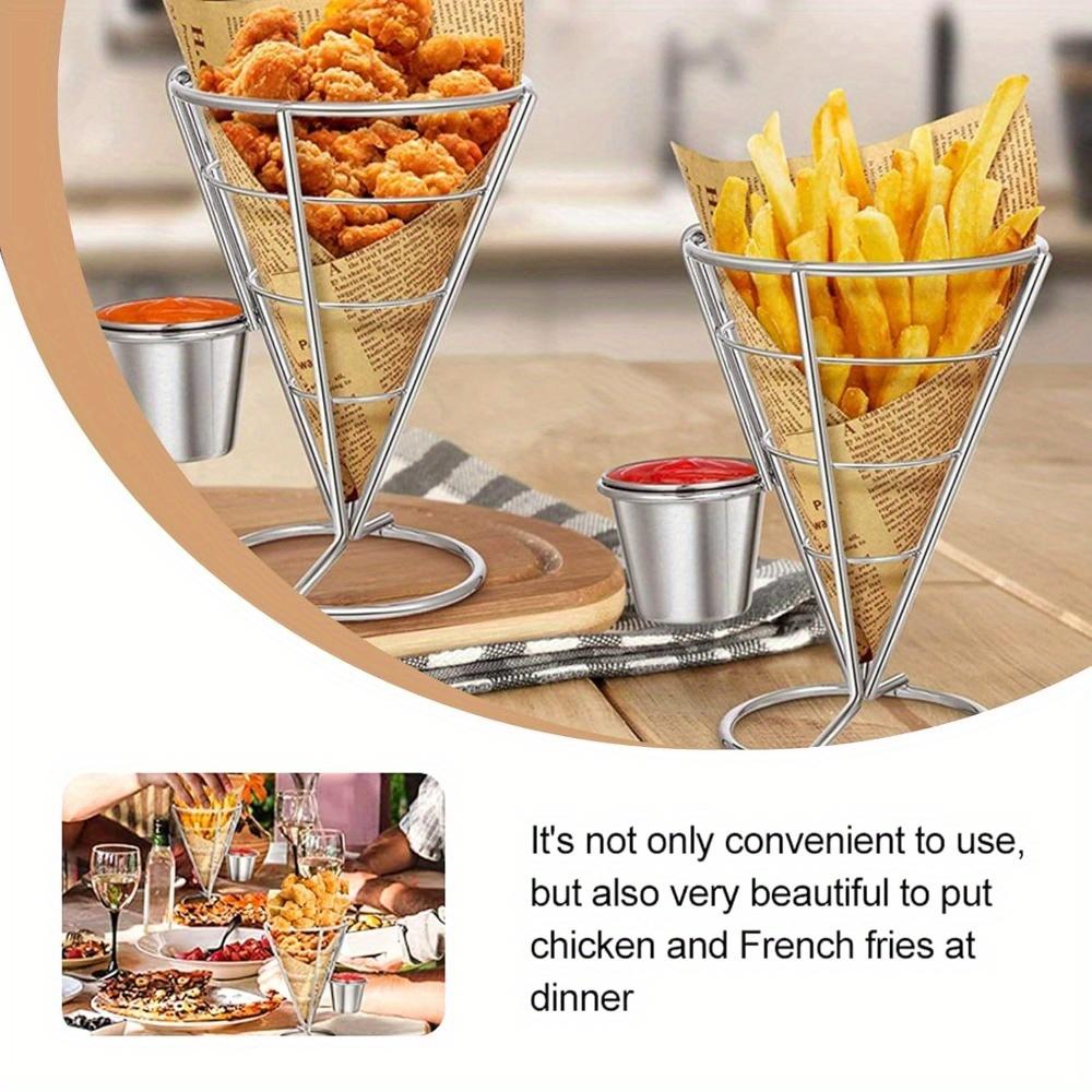 For Kitchen, Restaurant, Picnic & Parties, French Fries & Dessert Serving Solution, 4 Pcs Stainless Steel French Fry Holders with Sauce Cups, Elegant Line Design, Effortlessly Create Exquisite Dining Experience, Party Tableware Supplies