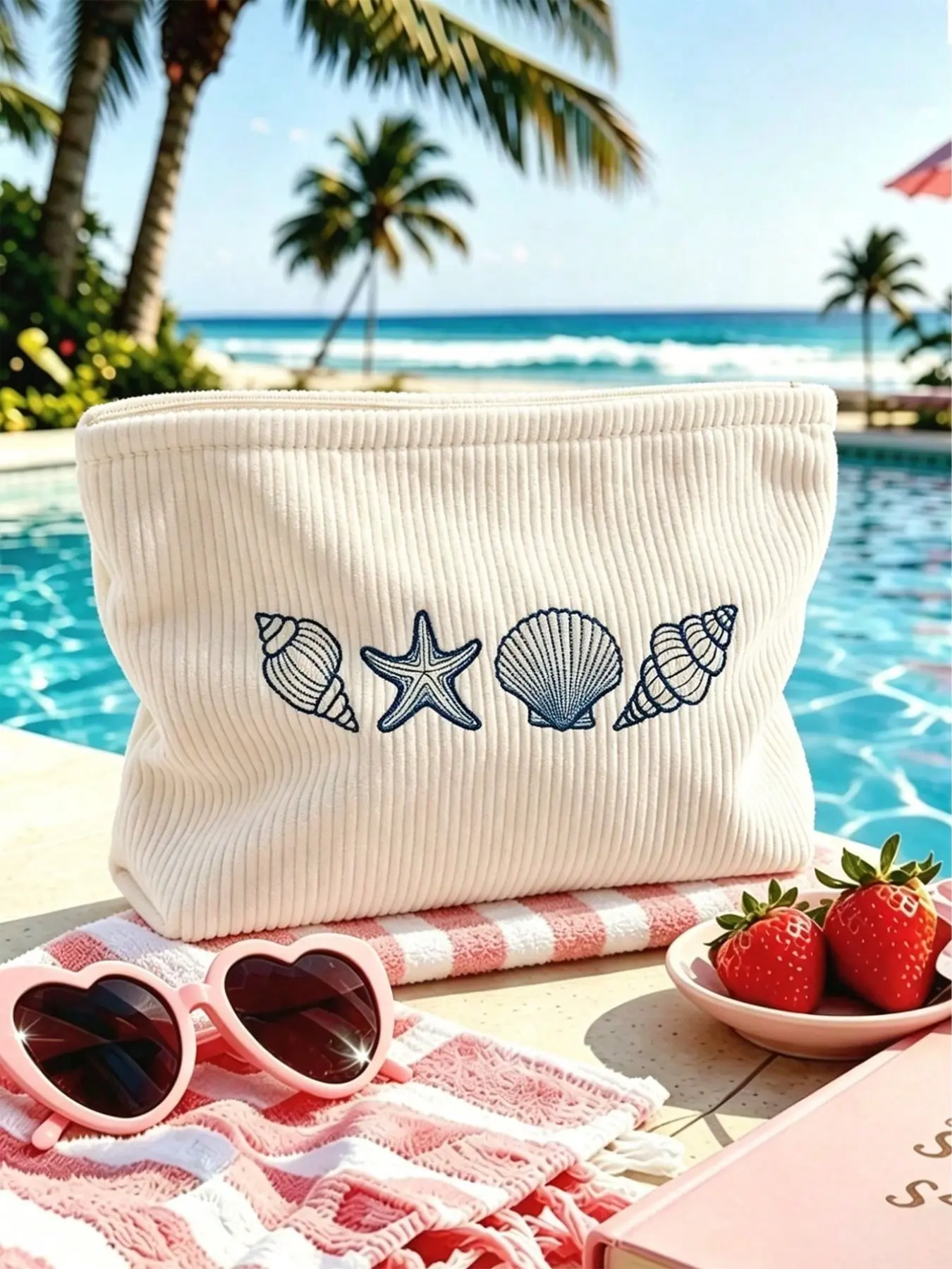 2D Shell and Starfish Print Makeup Bag, Large Capacity Travel Organizer, Beach Pool Swimwear Storage, Multi-Use Home Gift Holiday Essentials